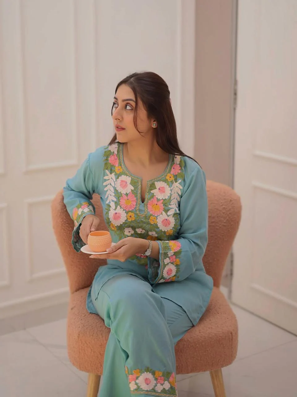 Aqua Blue Floral Embroidered Co-ord Set - Image 3