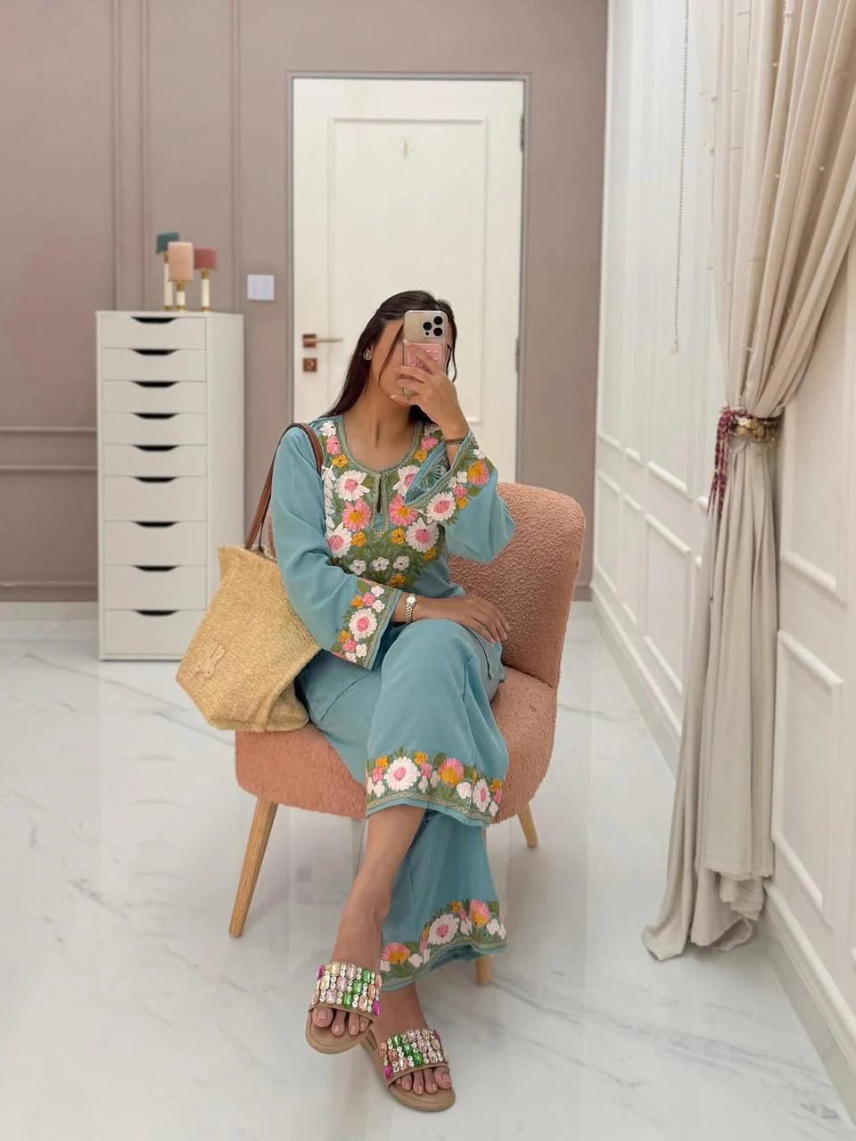 Aqua Blue Floral Embroidered Co-ord Set - Image 4