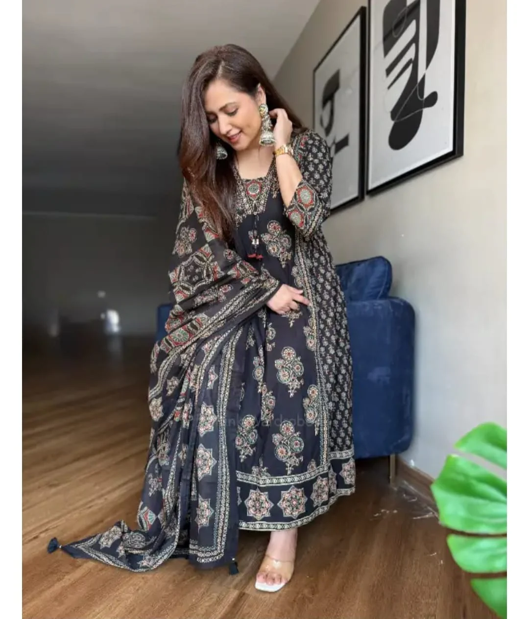 Black Ajrakh Print Anarkali Suit Set for Women - Image 2