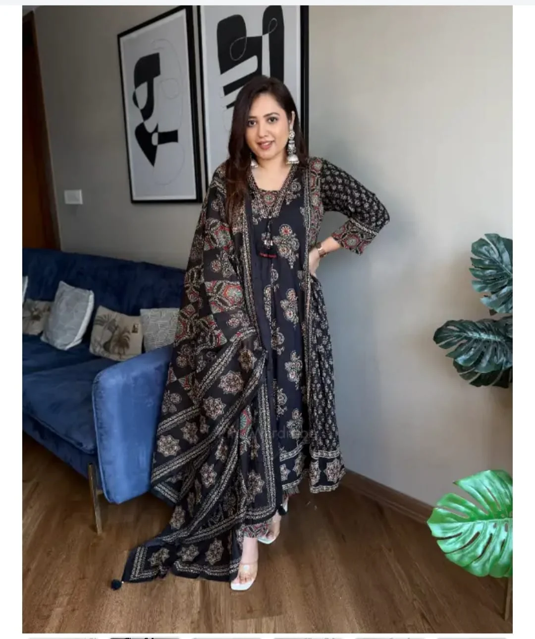 Black Ajrakh Print Anarkali Suit Set for Women - Image 3