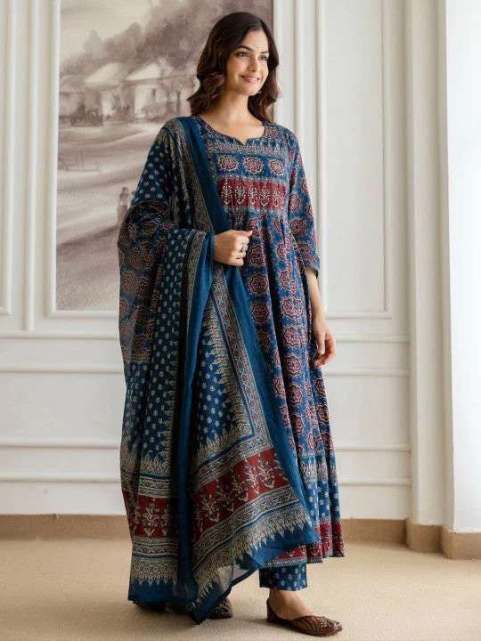 Blue Floral Printed Sequinned Pure Cotton A-Line Kurta With Palazzos & Dupatta - Image 3