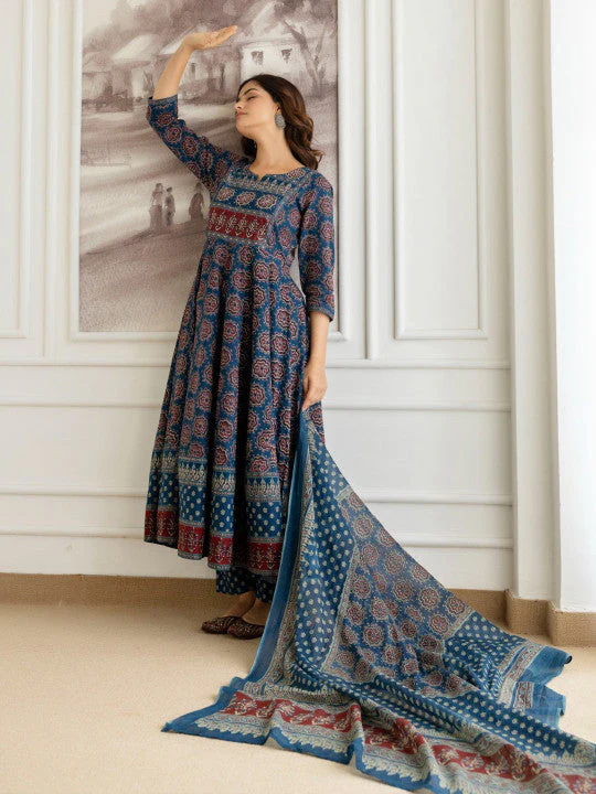 Blue Floral Printed Sequinned Pure Cotton A-Line Kurta With Palazzos & Dupatta - Image 5