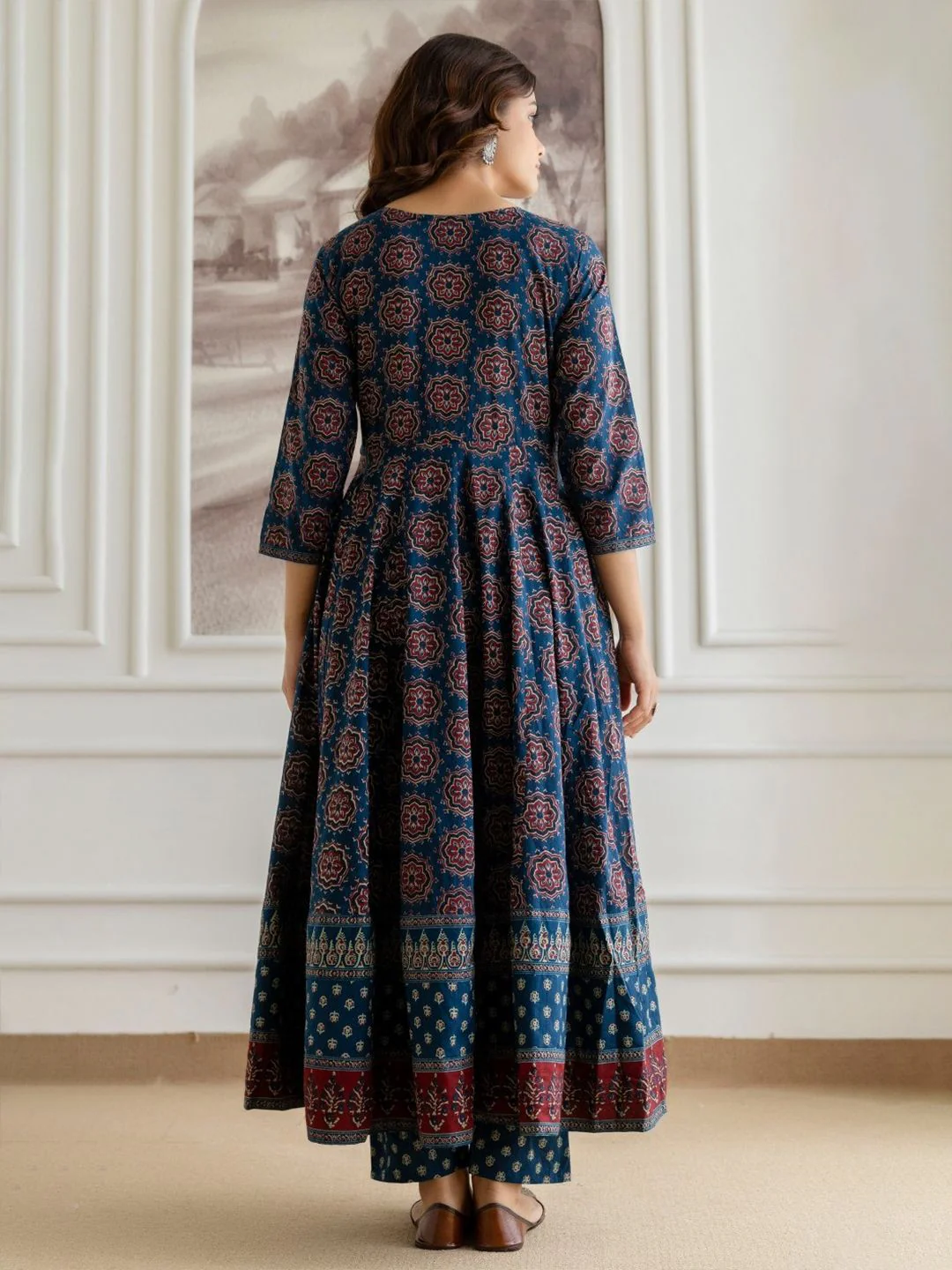 Blue Floral Printed Sequinned Pure Cotton A-Line Kurta With Palazzos & Dupatta - Image 6