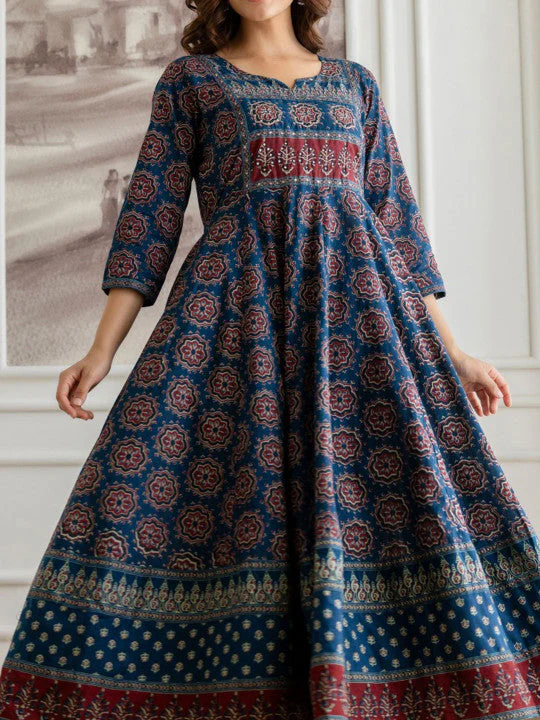 Blue Floral Printed Sequinned Pure Cotton A-Line Kurta With Palazzos & Dupatta - Image 7