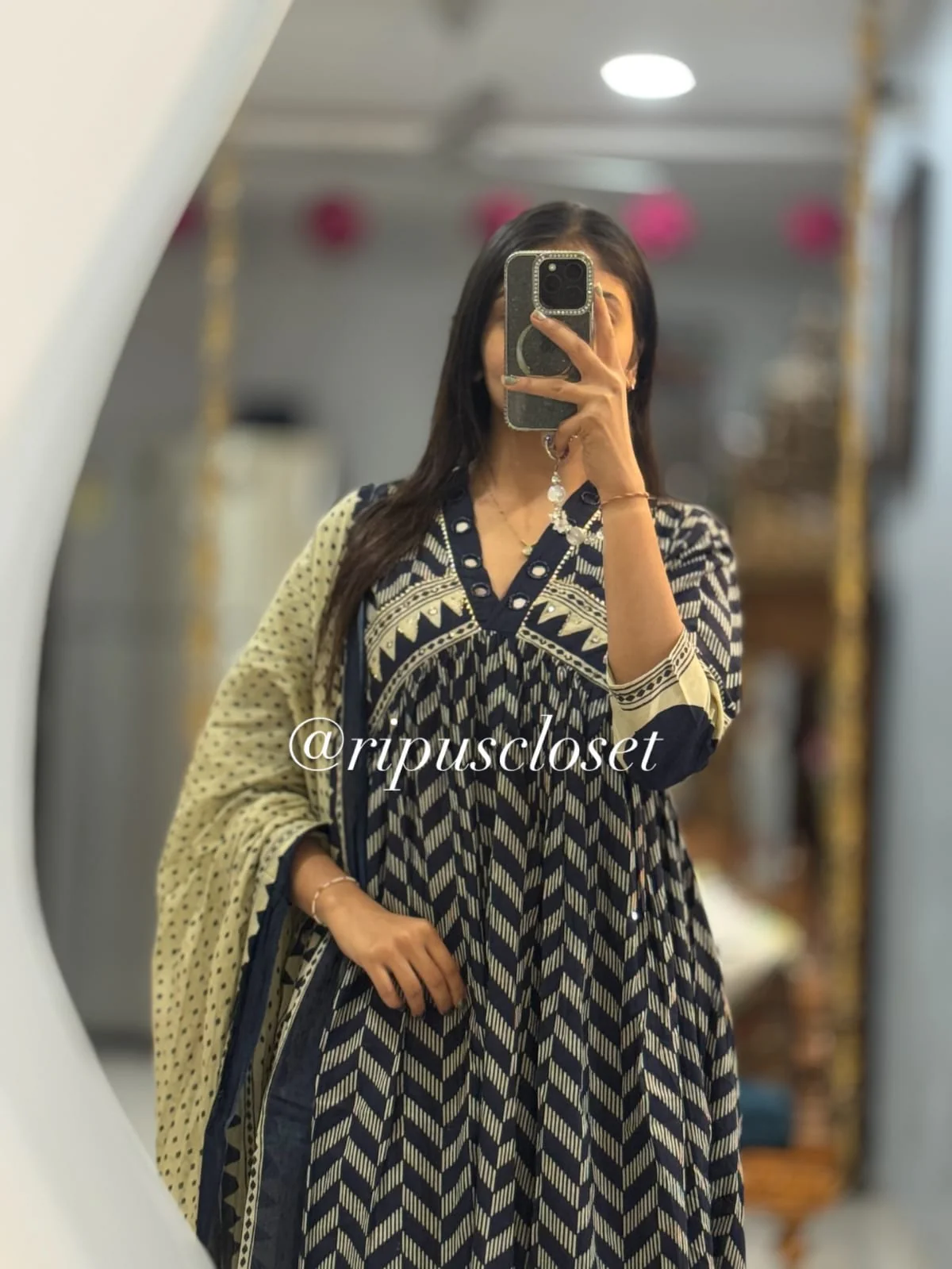 Dark Blue Chevron Anarkali Suit Set - Image 2