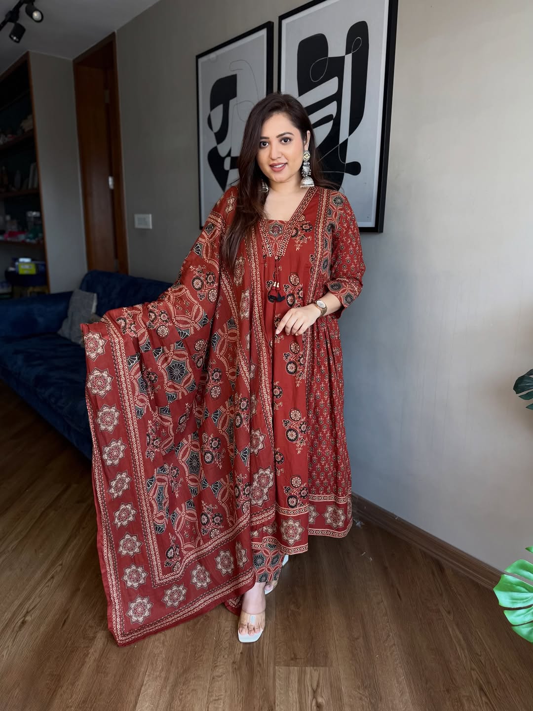 Maroon Ajrakh Print Anarkali Suit Set for Women - Image 2