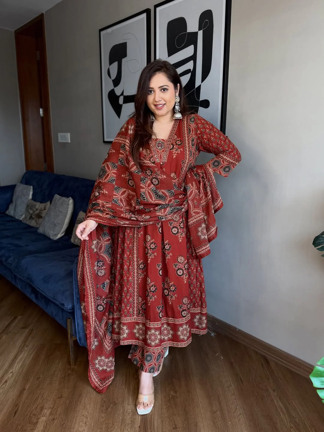 Maroon Ajrakh Print Anarkali Suit Set for Women - Image 3