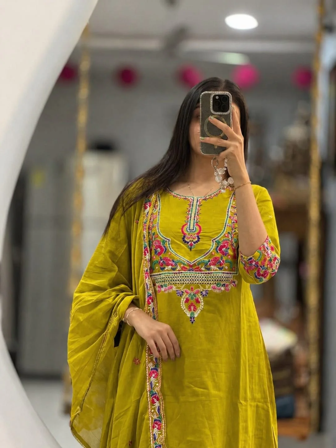 Mustard Yellow Embroidered Cotton Kurta Pant Dupatta Set - Image 2