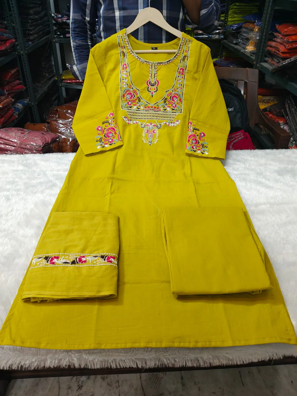 Mustard Yellow Embroidered Cotton Kurta Pant Dupatta Set - Image 3