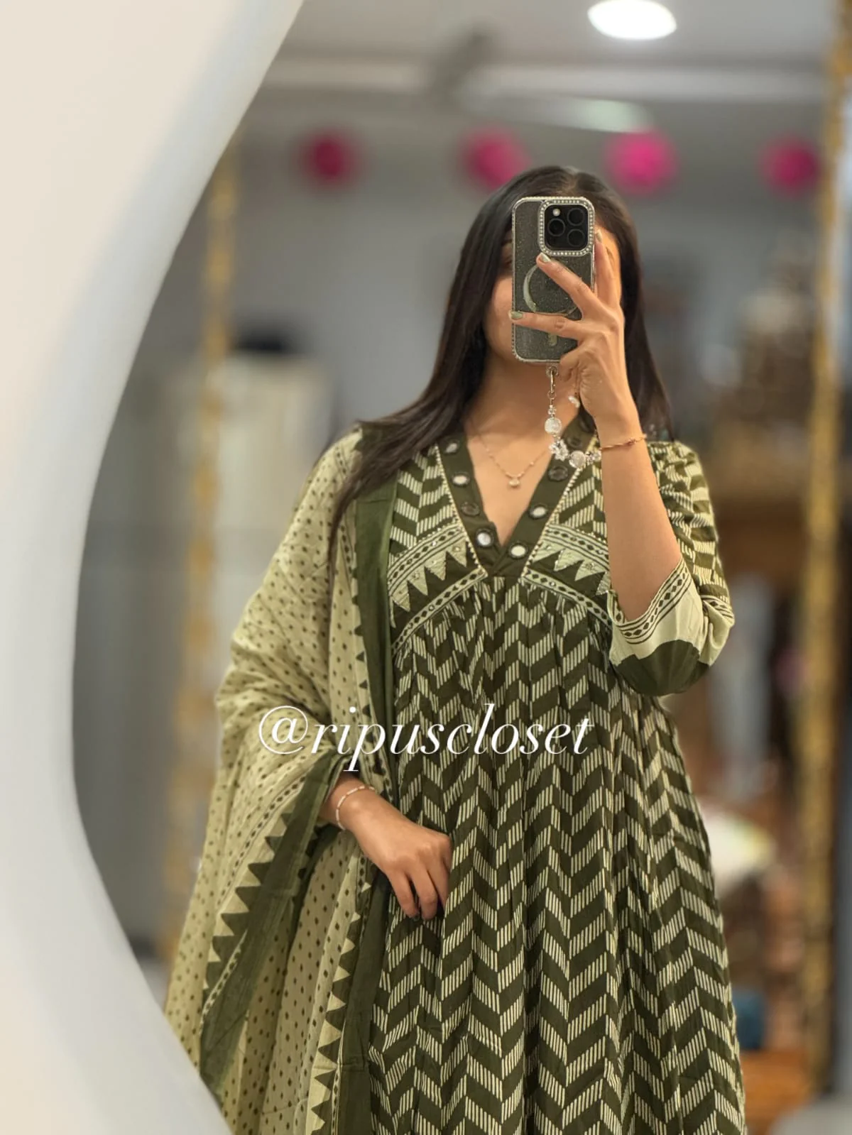 Olive Chevron Anarkali Suit Set - Image 2