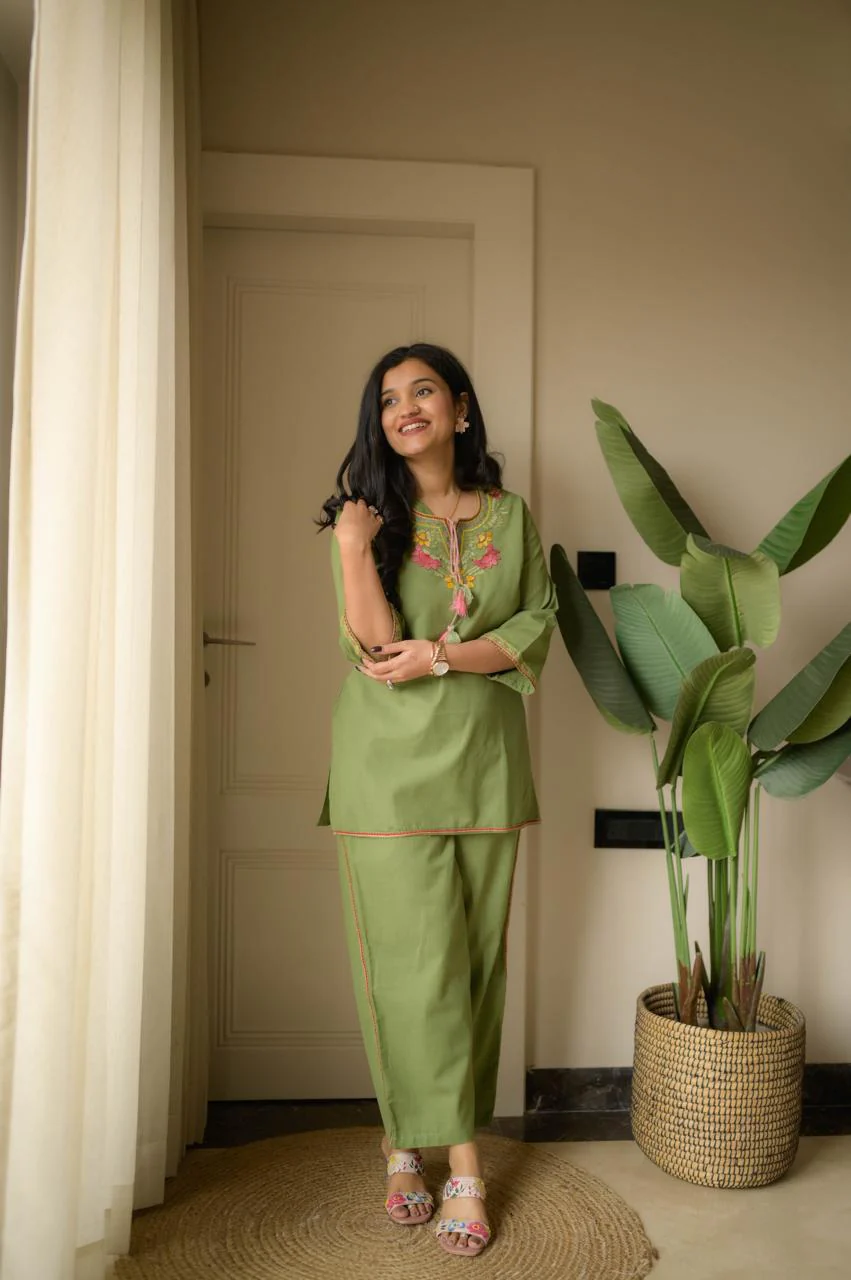 Olive Green Embroidery Cotton Co Ord Set - Image 3