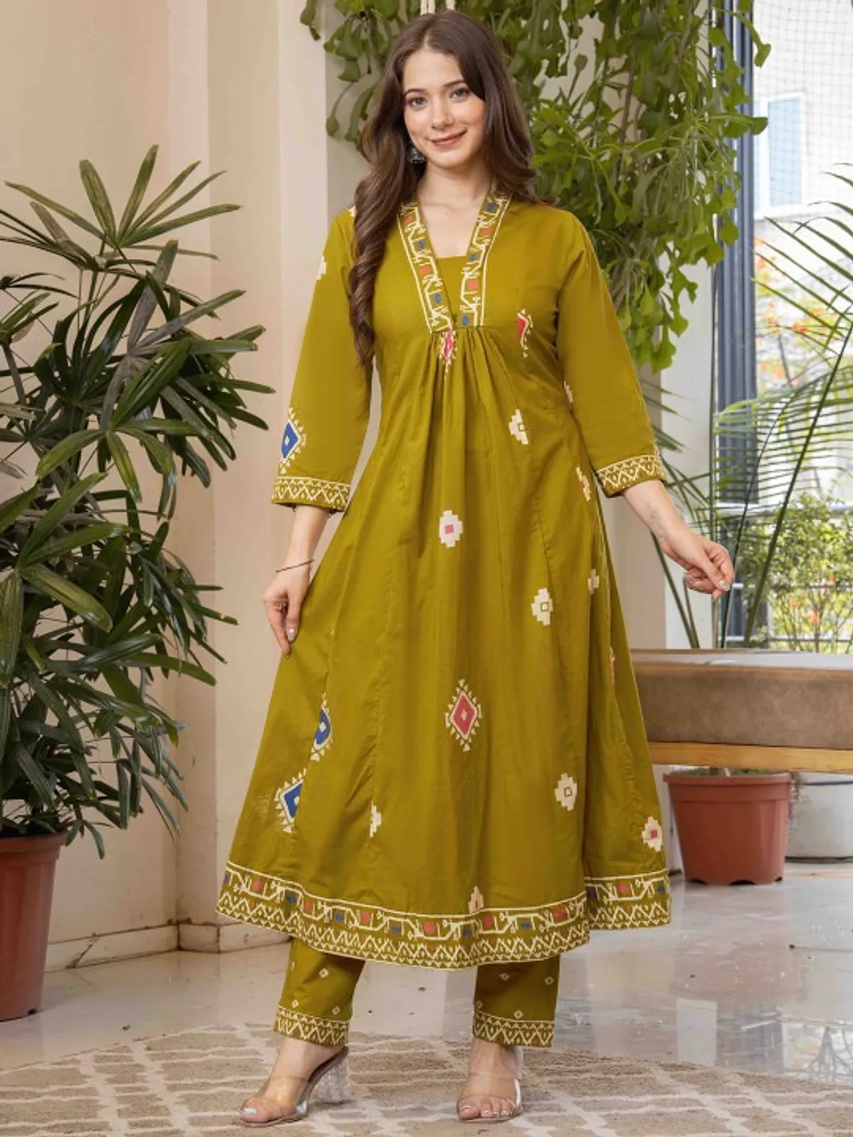 Olive Green Printed Anarkali Kurta Set with Dupatta - Image 2
