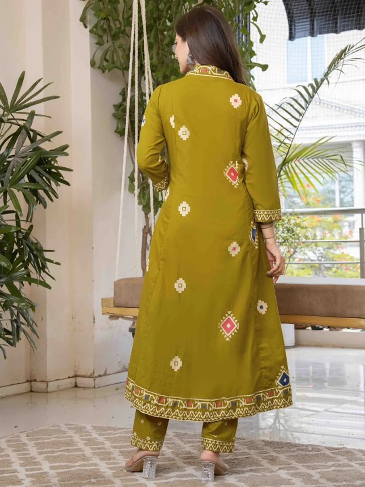 Olive Green Printed Anarkali Kurta Set with Dupatta - Image 4