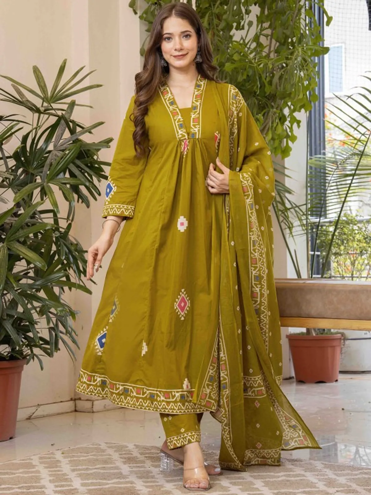 Olive Green Printed Anarkali Kurta Set with Dupatta - Image 5