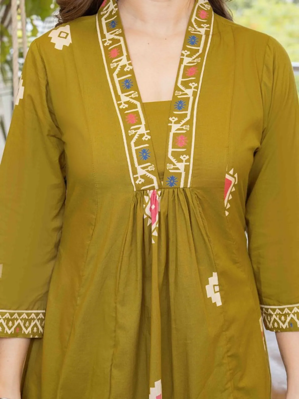Olive Green Printed Anarkali Kurta Set with Dupatta - Image 6
