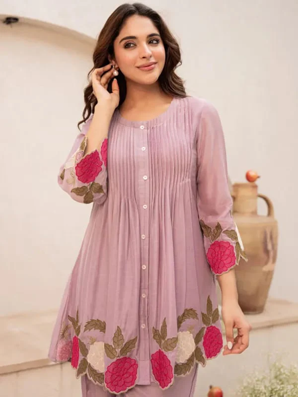 Pruple Blossom Embroidered Kurta Set - Image 4