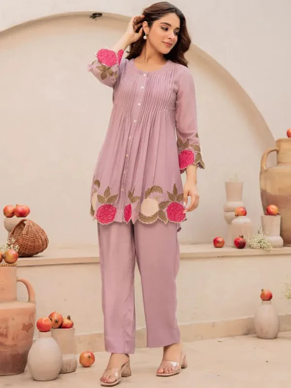 Pruple Blossom Embroidered Kurta Set - Image 6