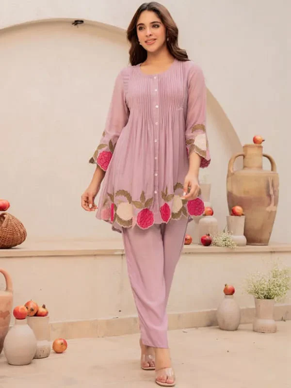 Pruple Blossom Embroidered Kurta Set - Image 7