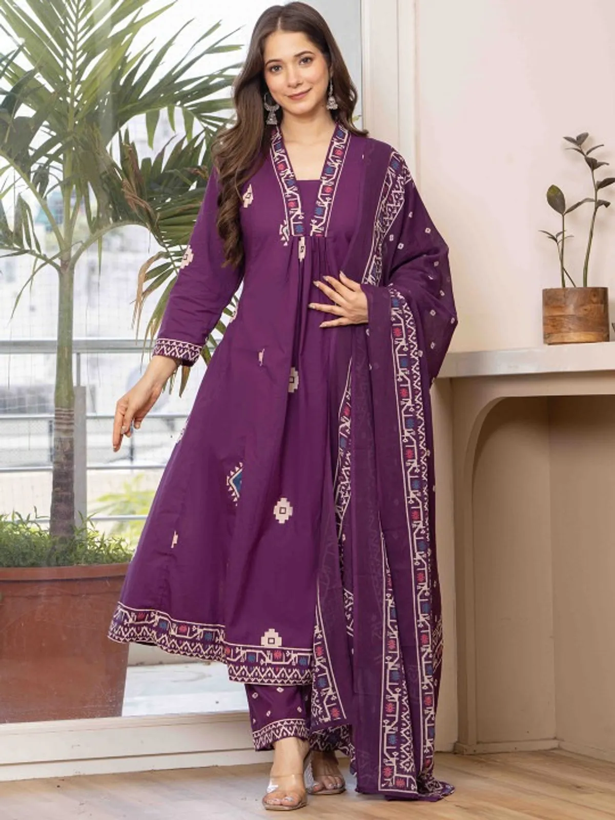 Wine Purple Printed Anarkali Kurta Set with Dupatta - Image 5