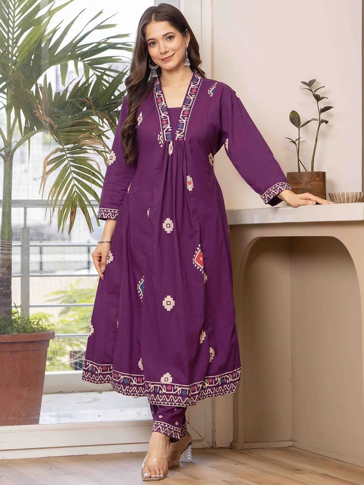 Wine Purple Printed Anarkali Kurta Set with Dupatta - Image 7