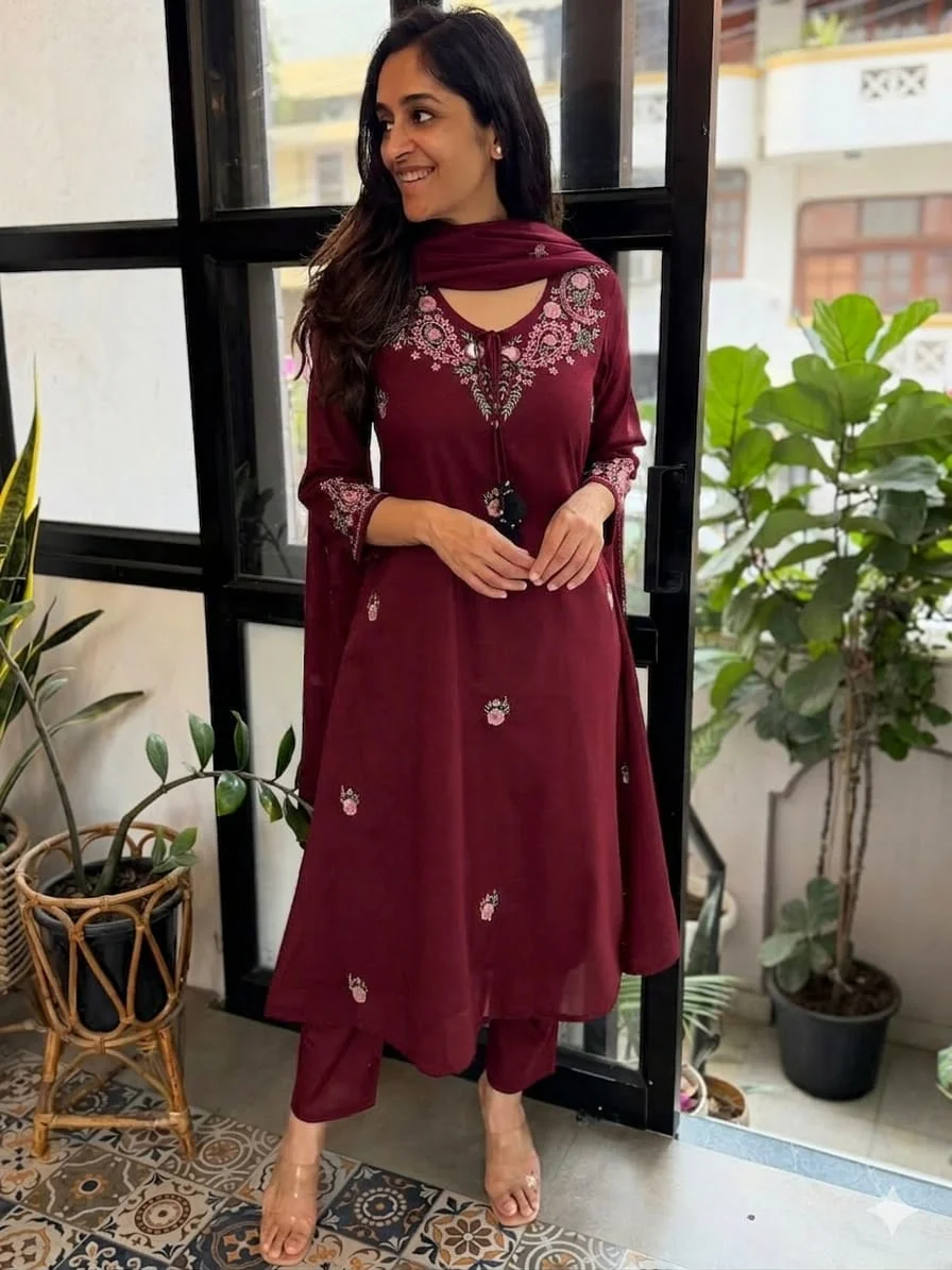Women’s Maroon Embroidered Kurta Pant Set with Dupatta
