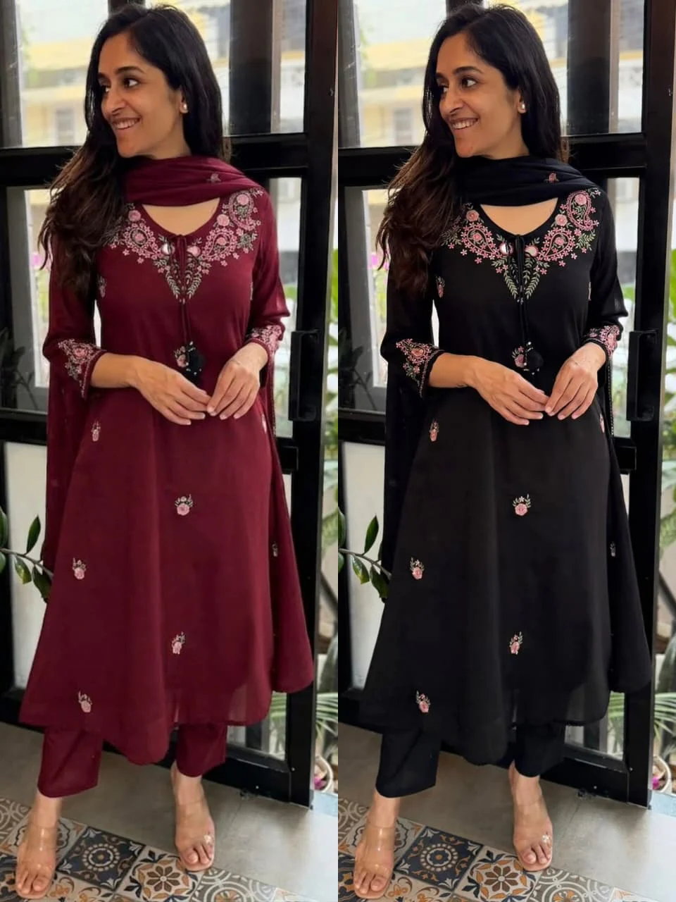 Women’s Maroon Embroidered Kurta Pant Set with Dupatta - Image 4