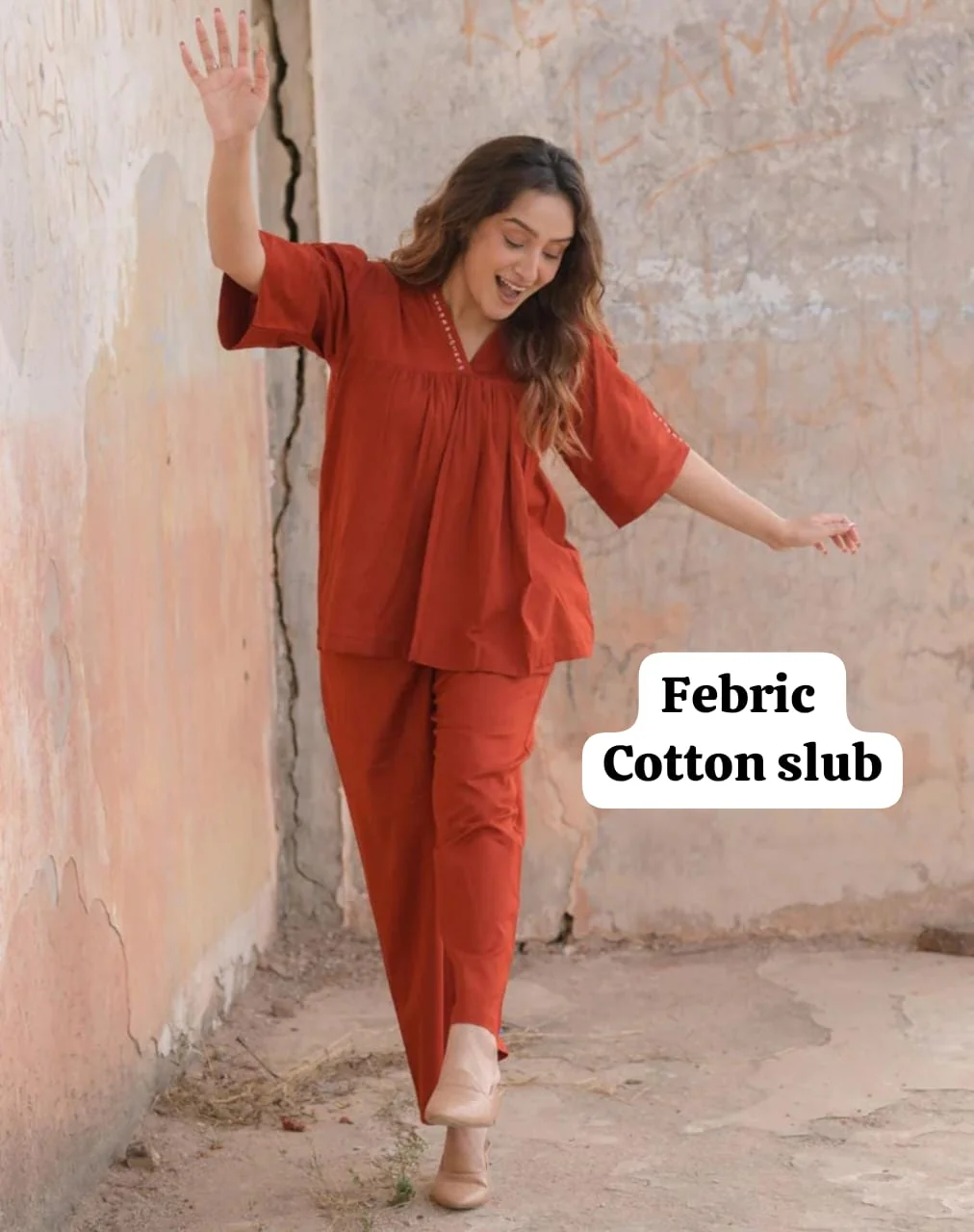 Women’s Rust Red Cotton Slub Co-ord Set - Image 2