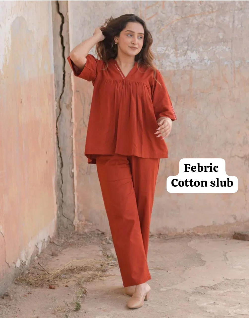 Women’s Rust Red Cotton Slub Co-ord Set - Image 3